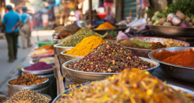 openair market with traders selling spices herbs aromatic colorful